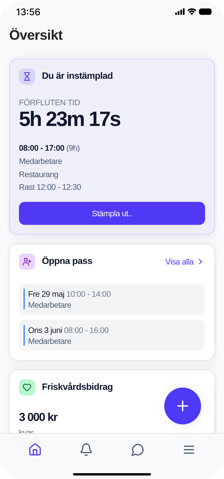Tidio mobilapp – översikt med instämpling, öppna pass och friskvårdsbidrag